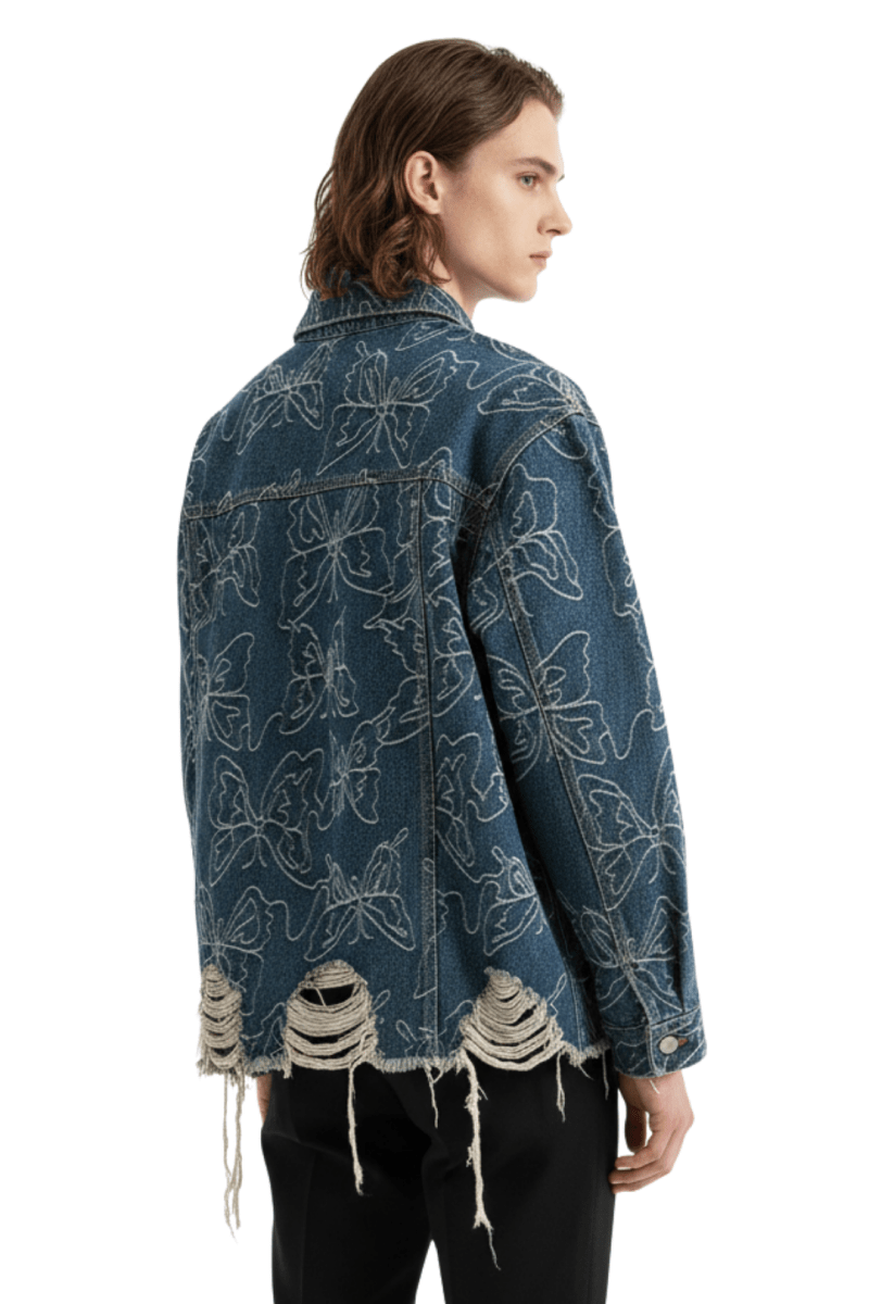 Vintage Floral Embroidered Distressed Denim Jacket  na2397