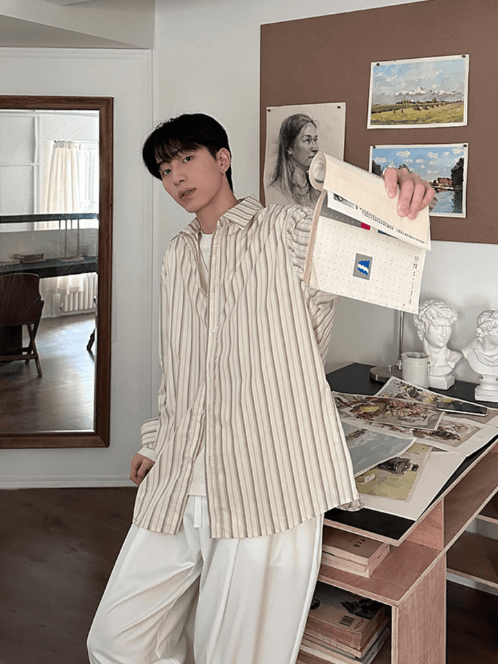 [ONELYC1NS] Korean stripes loose casual shirt na1006