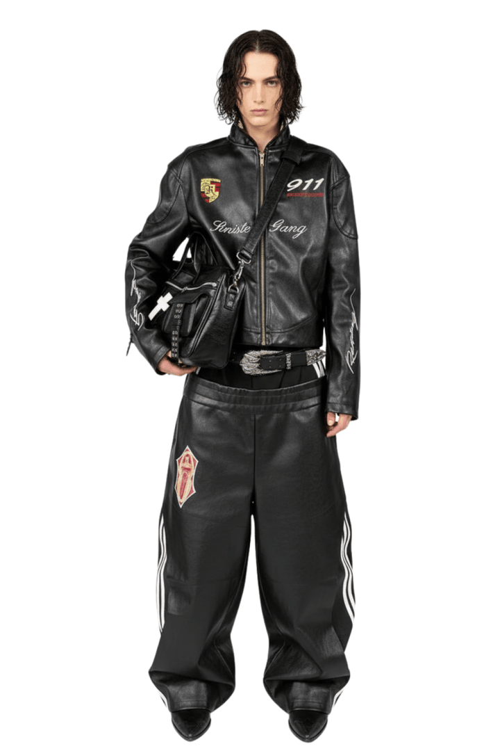 Cropped Racing Emblem Leather Jacket na2389