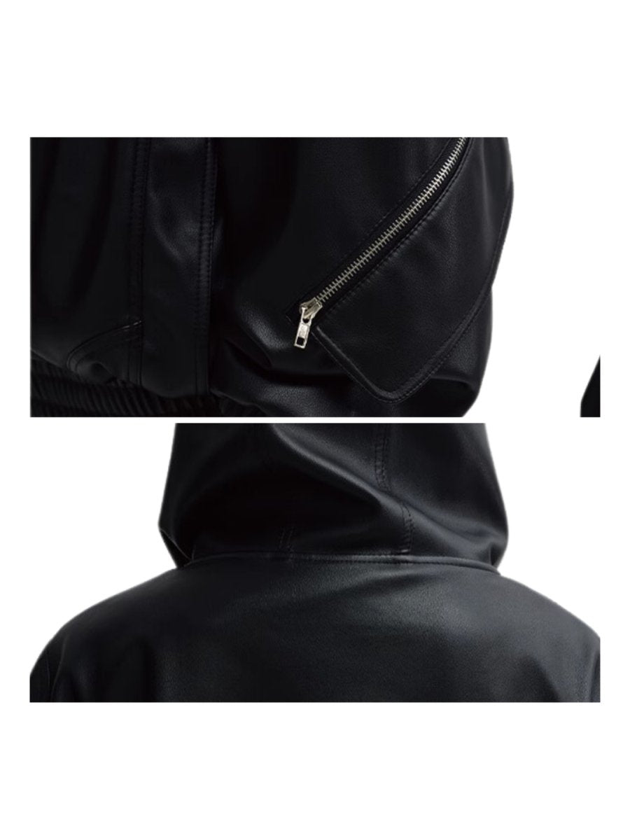 [PEOPLESTYLE] PU Leather Black Hooded na1653