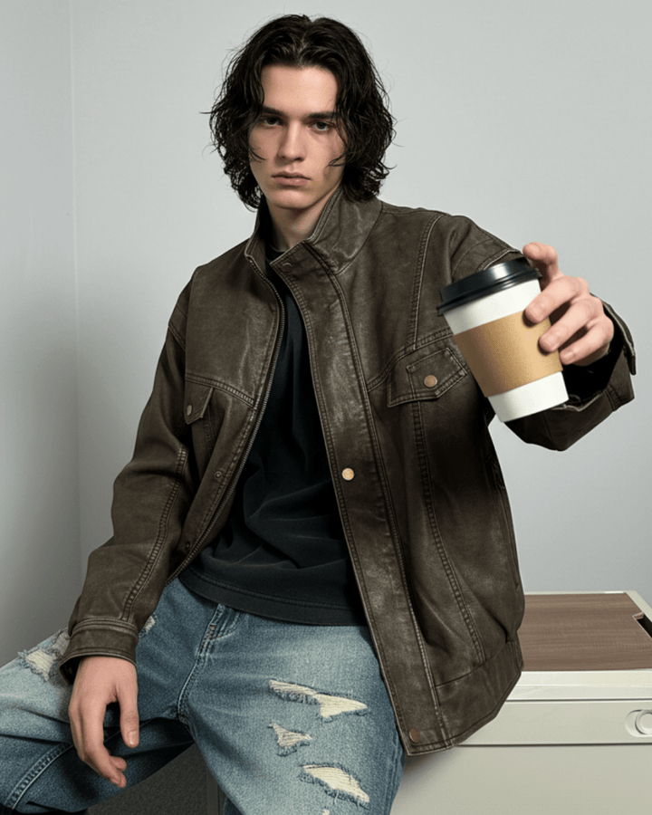 Vintage Brown Leather Truck Jacket  na2264