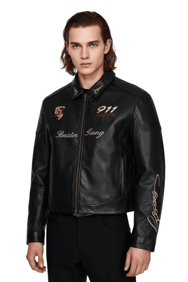 Cropped Racing Emblem Leather Jacket na2389