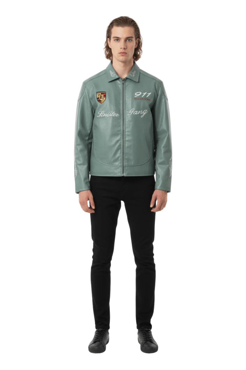 Cropped Racing Emblem Leather Jacket na2389