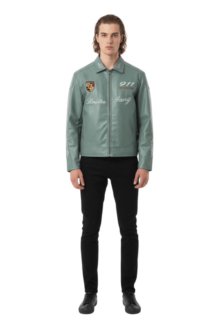 Cropped Racing Emblem Leather Jacket na2389