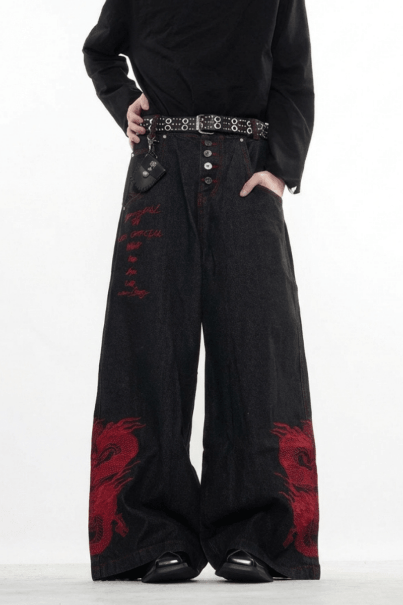 Dragon Embroidered Wide Denim Pants na2359