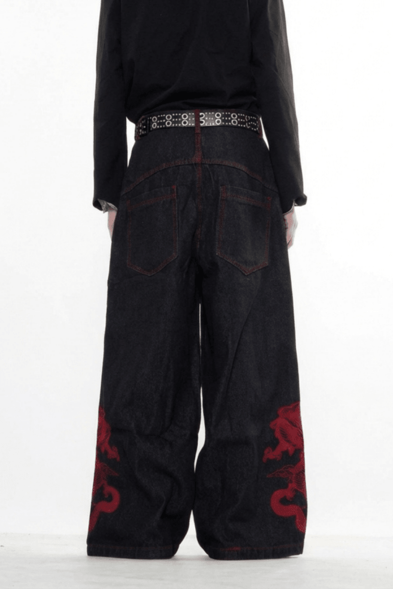 Dragon Embroidered Wide Denim Pants na2359