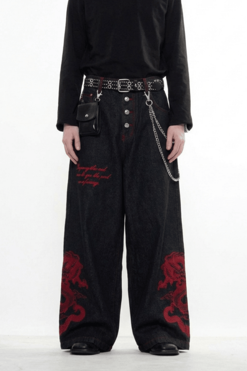 Dragon Embroidered Wide Denim Pants na2359