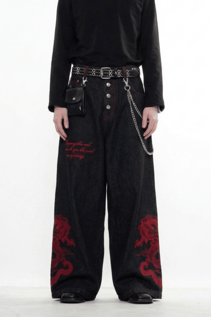 Dragon Embroidered Wide Denim Pants na2359