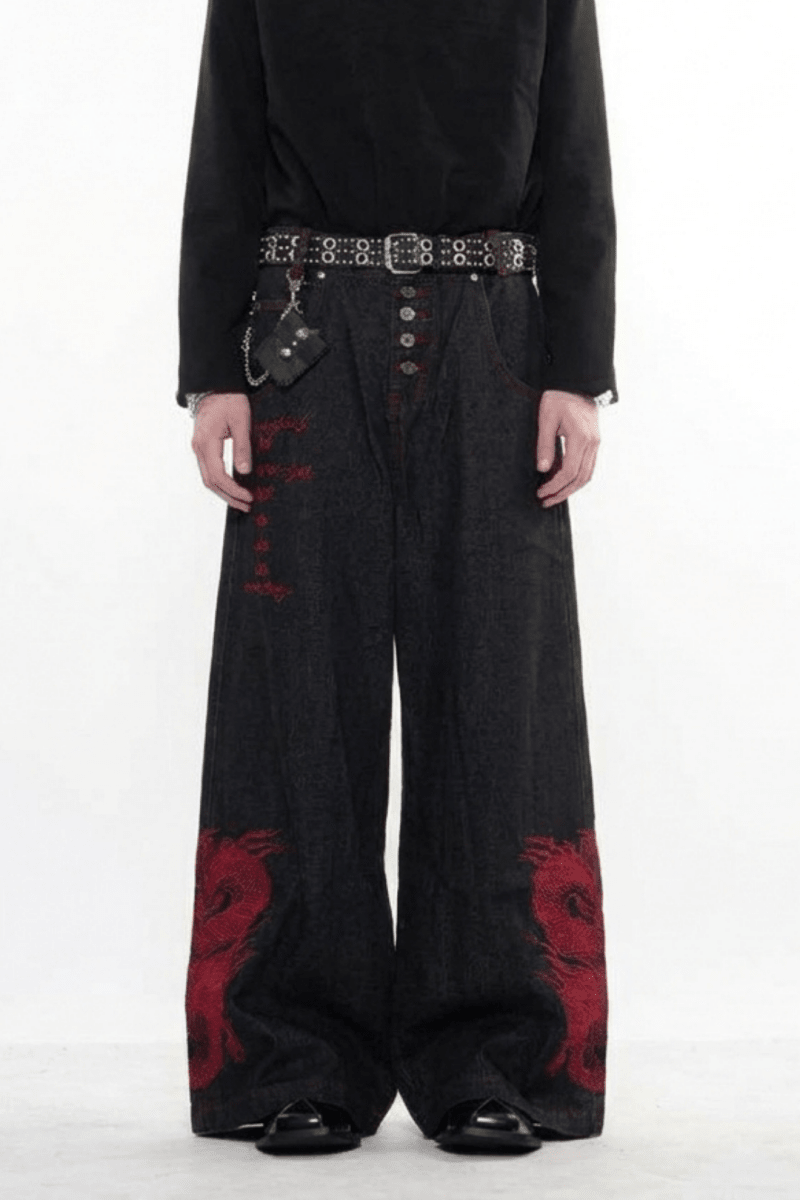Dragon Embroidered Wide Denim Pants na2359