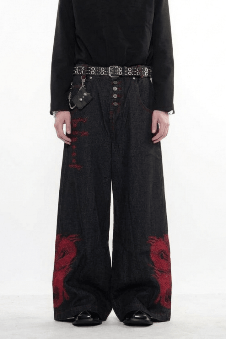 Dragon Embroidered Wide Denim Pants na2359