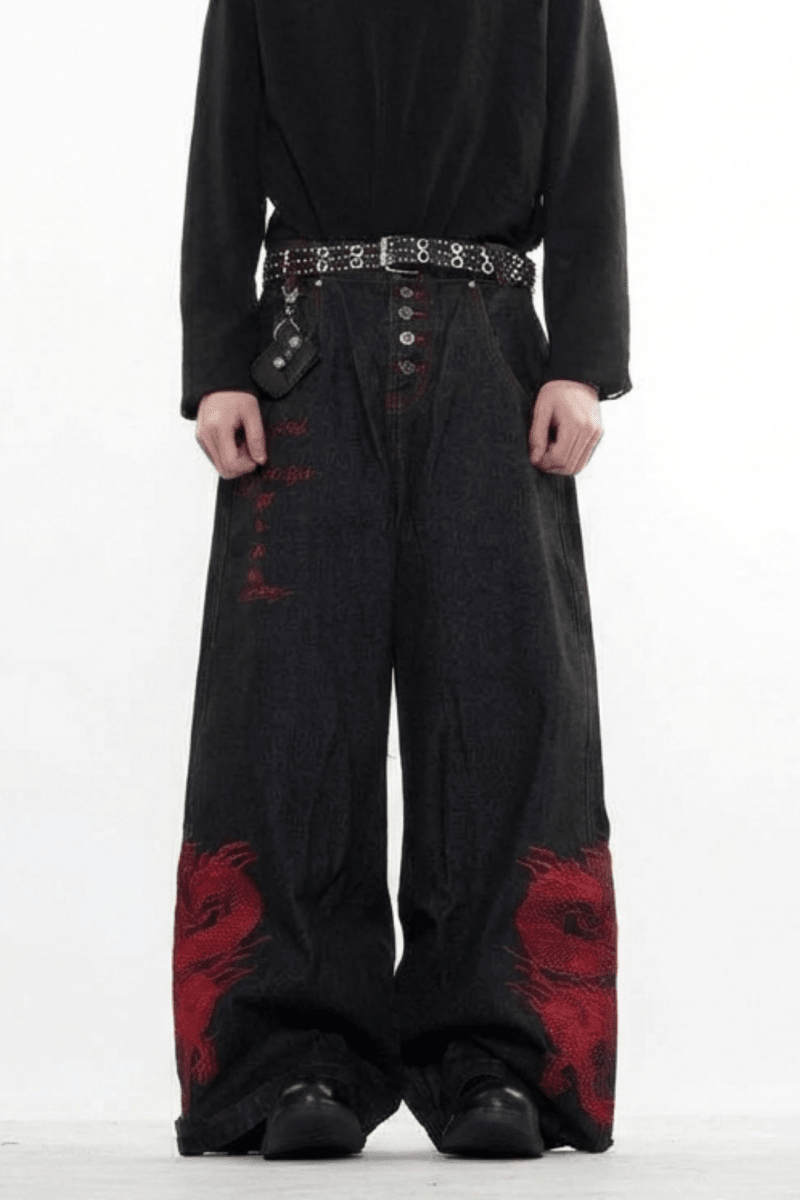 Dragon Embroidered Wide Denim Pants na2359