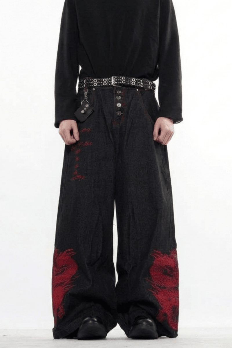 Dragon Embroidered Wide Denim Pants na2359
