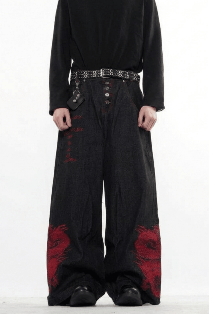 Dragon Embroidered Wide Denim Pants na2359