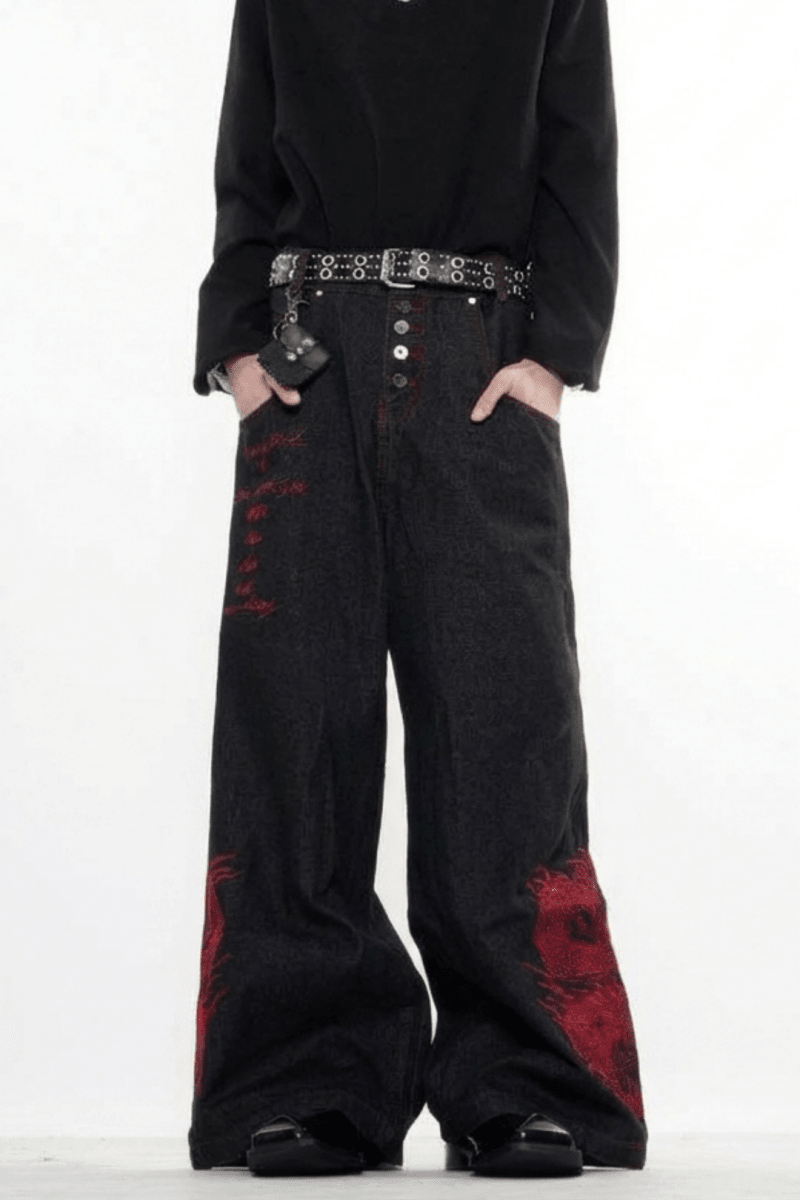 Dragon Embroidered Wide Denim Pants na2359