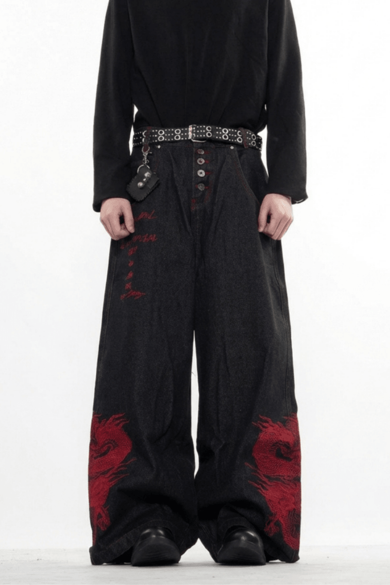 Dragon Embroidered Wide Denim Pants na2359