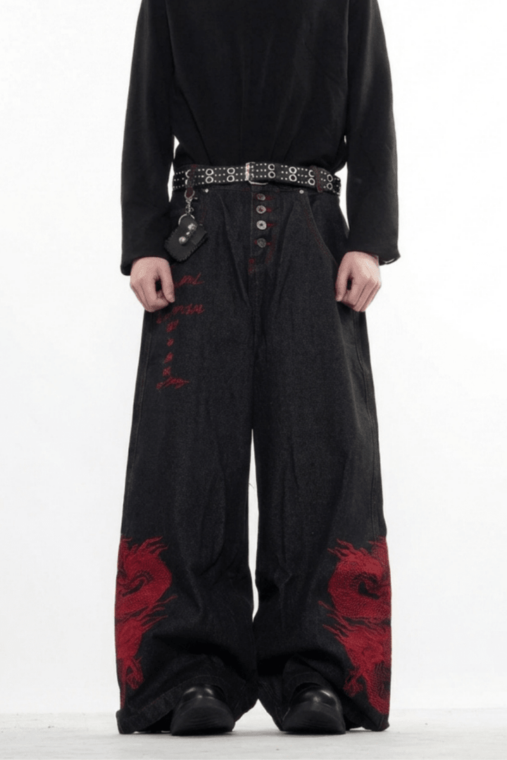 Dragon Embroidered Wide Denim Pants na2359