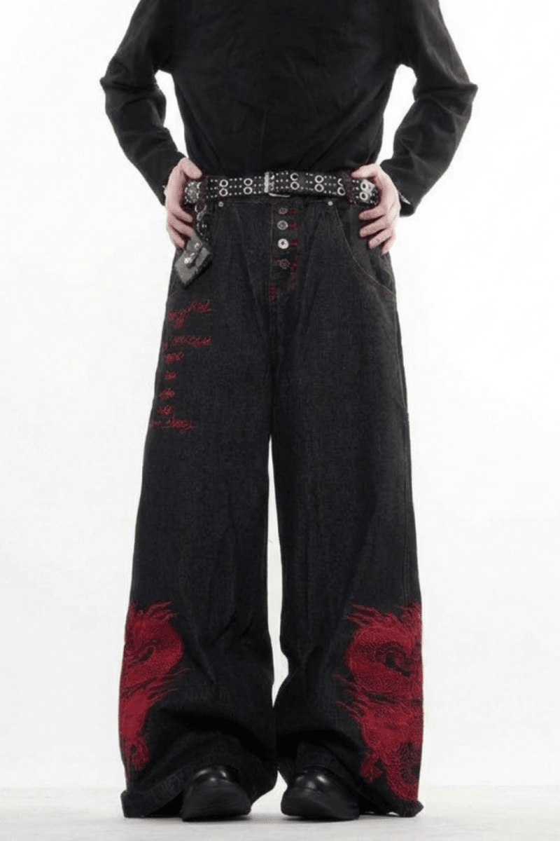 Dragon Embroidered Wide Denim Pants na2359