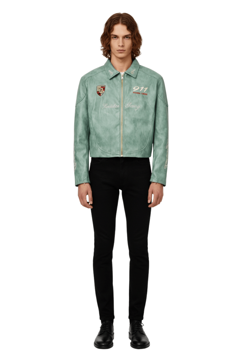 Cropped Racing Emblem Leather Jacket na2389