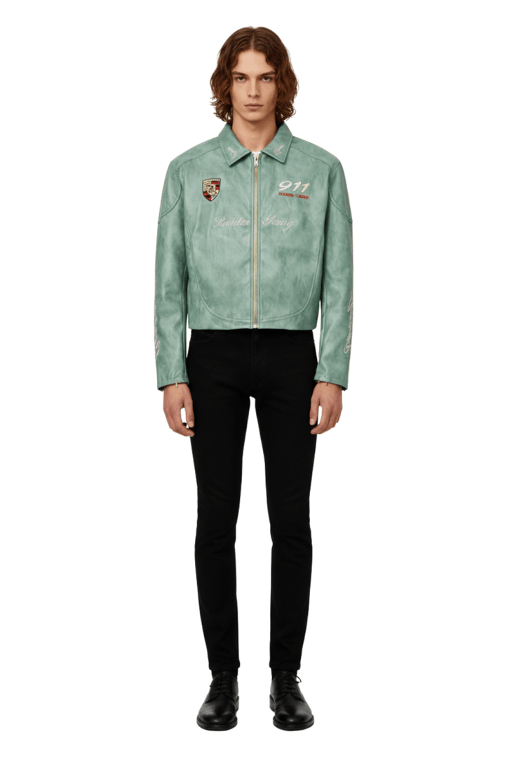 Cropped Racing Emblem Leather Jacket na2389