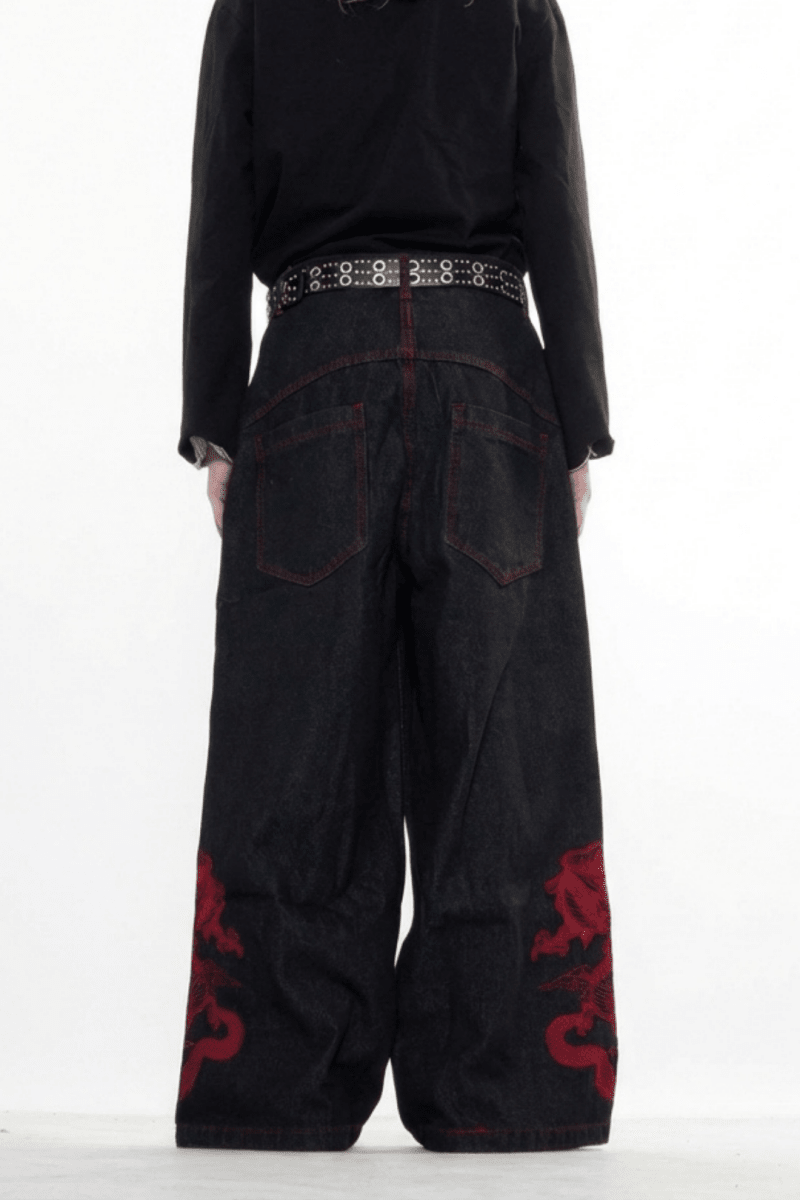 Dragon Embroidered Wide Denim Pants na2359