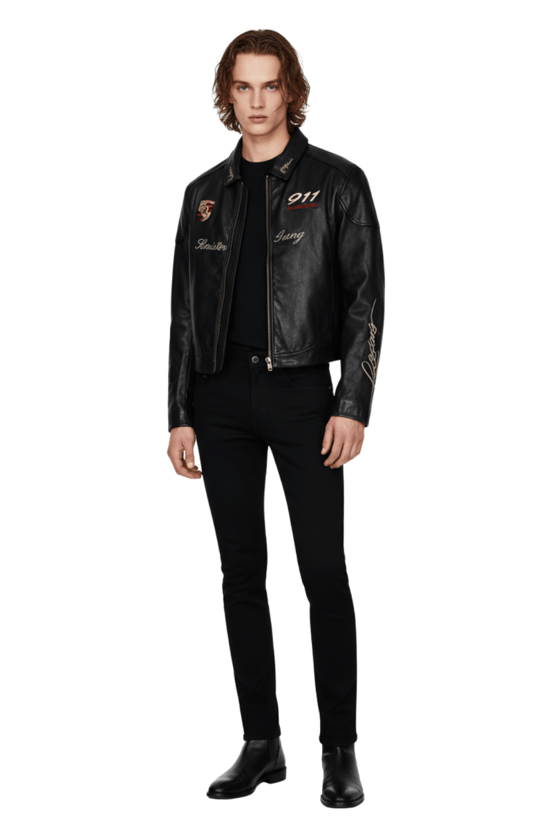 Cropped Racing Emblem Leather Jacket na2389