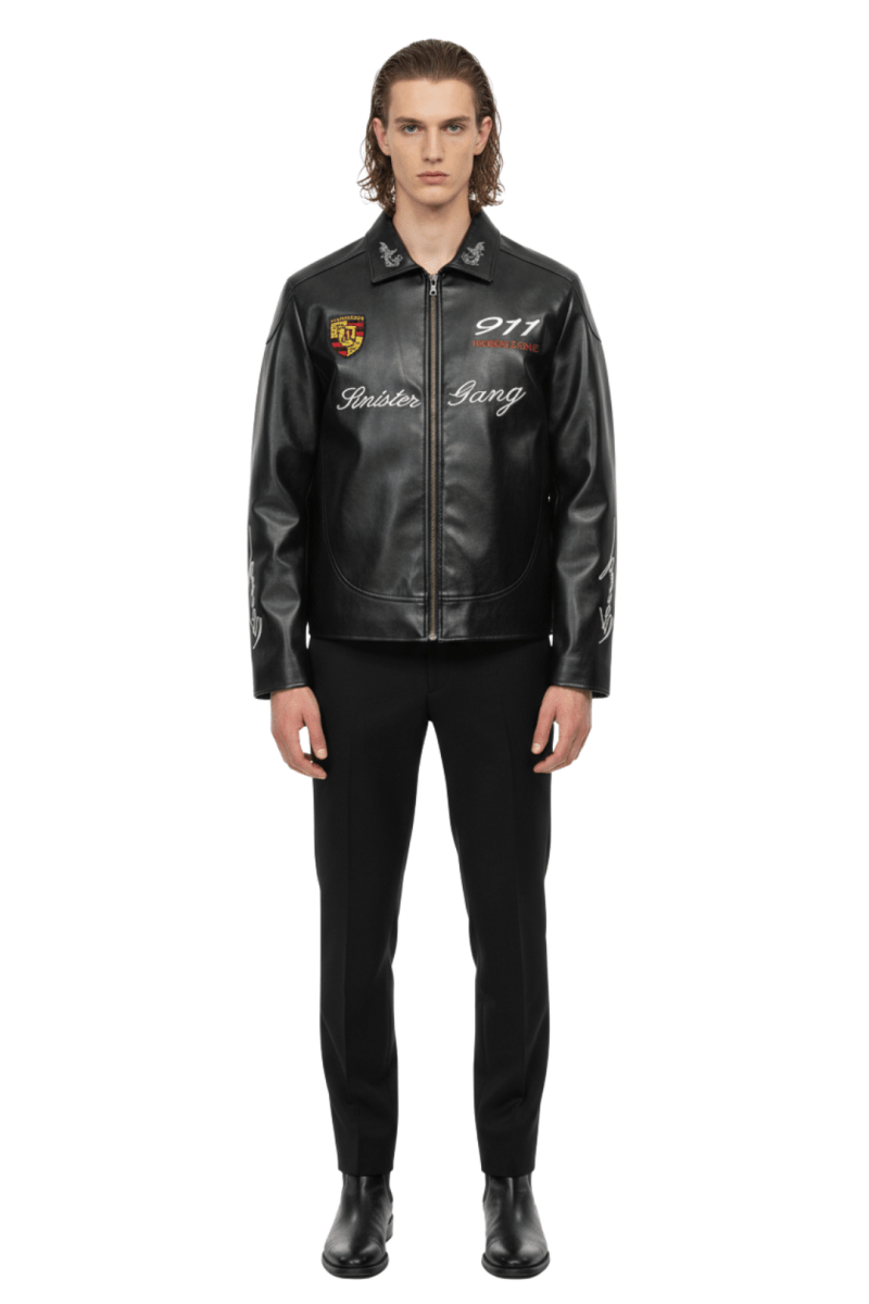 Cropped Racing Emblem Leather Jacket na2389