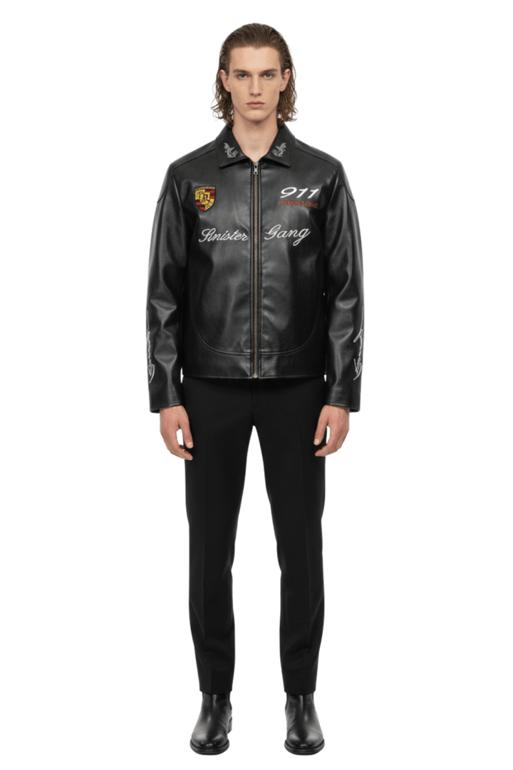 Cropped Racing Emblem Leather Jacket na2389