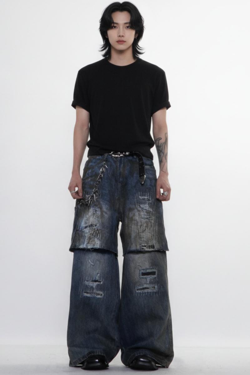 Distressed Layered Jeans  na2595