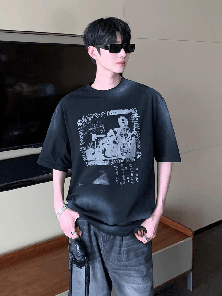 【CUIBUJU】Washed Band Printed T-Shirt na1199