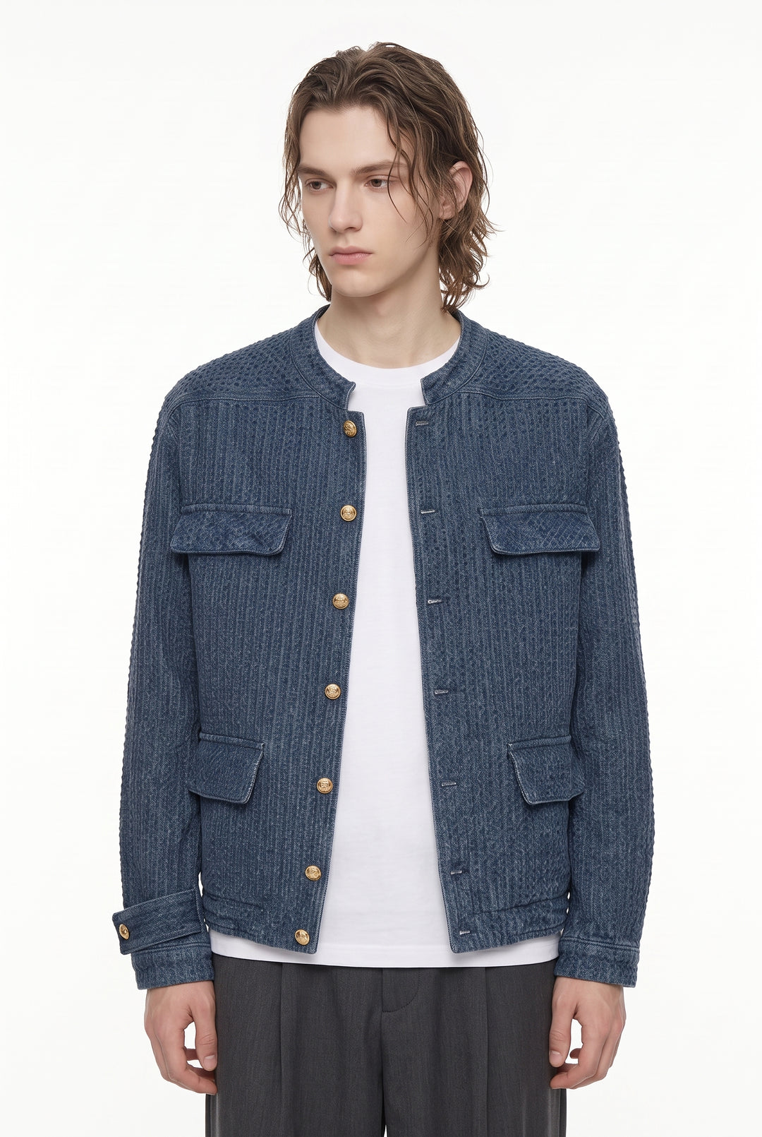 Collarless Denim Jacket na2801