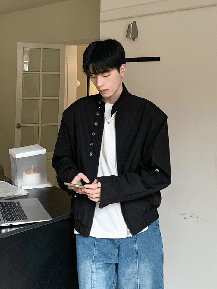 [ONELYC1NS] Korean version of collar shoulder pad jacket na1009