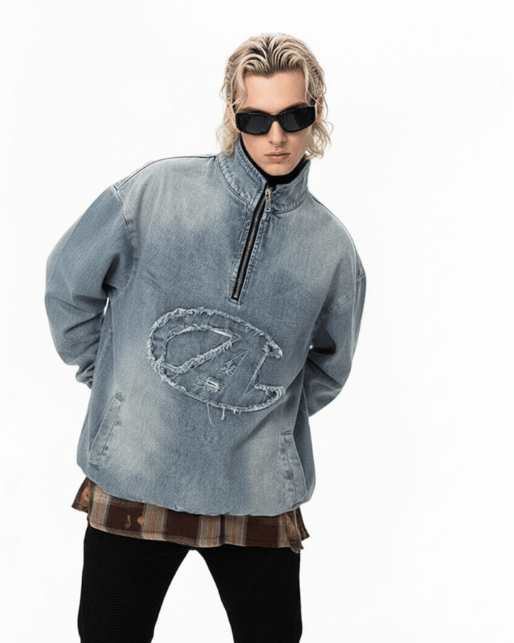 Nanostudio Frayed Edge Denim Half-Zip Pullover (na2210)