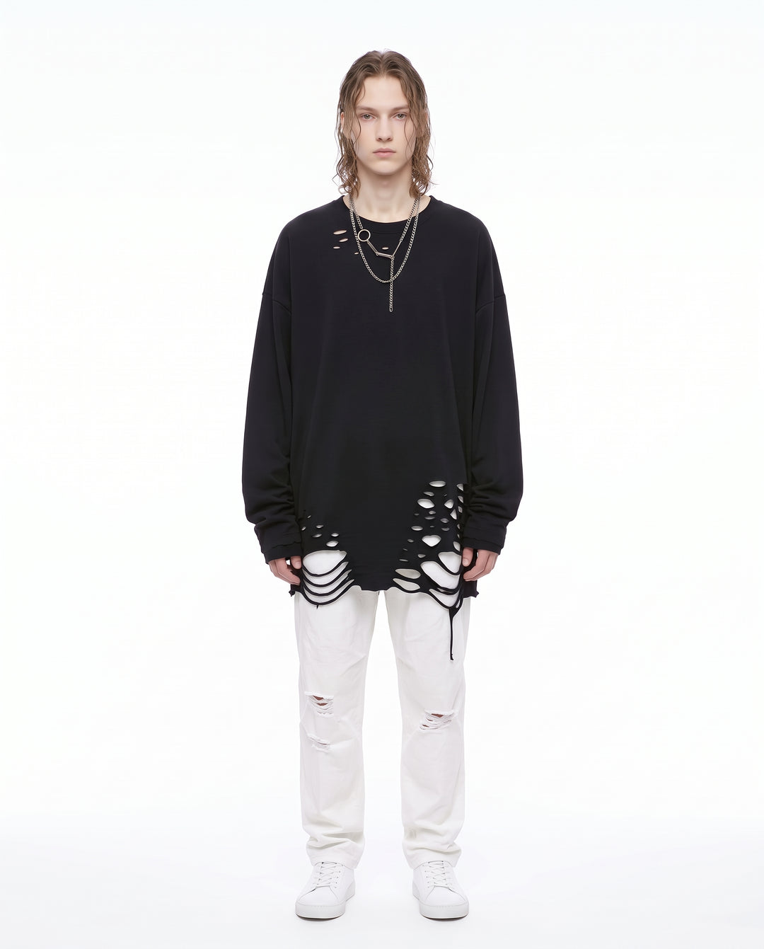 Distressed Longsleeve Shirt na3156 - black full