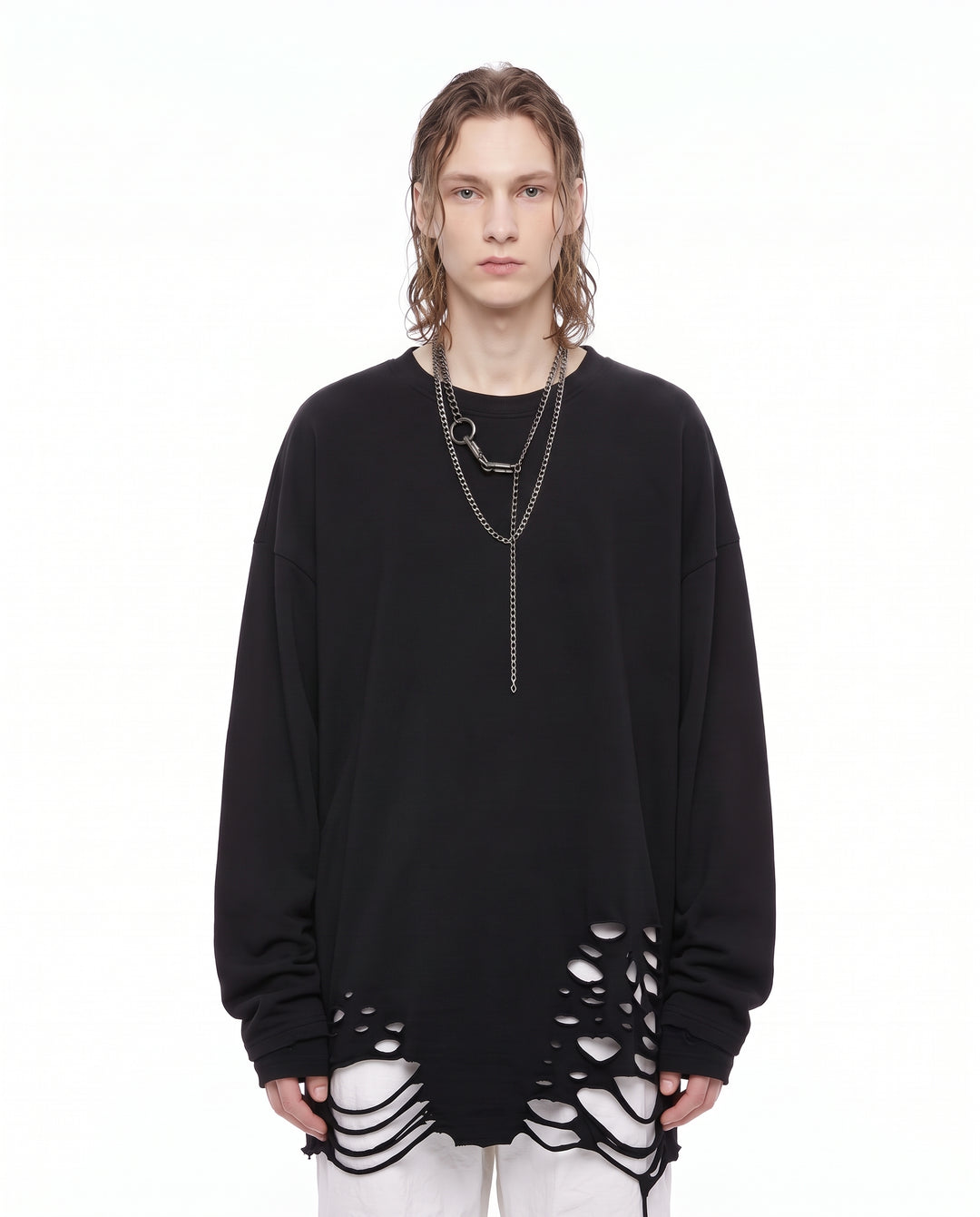 Distressed Longsleeve Shirt na3156 - black front