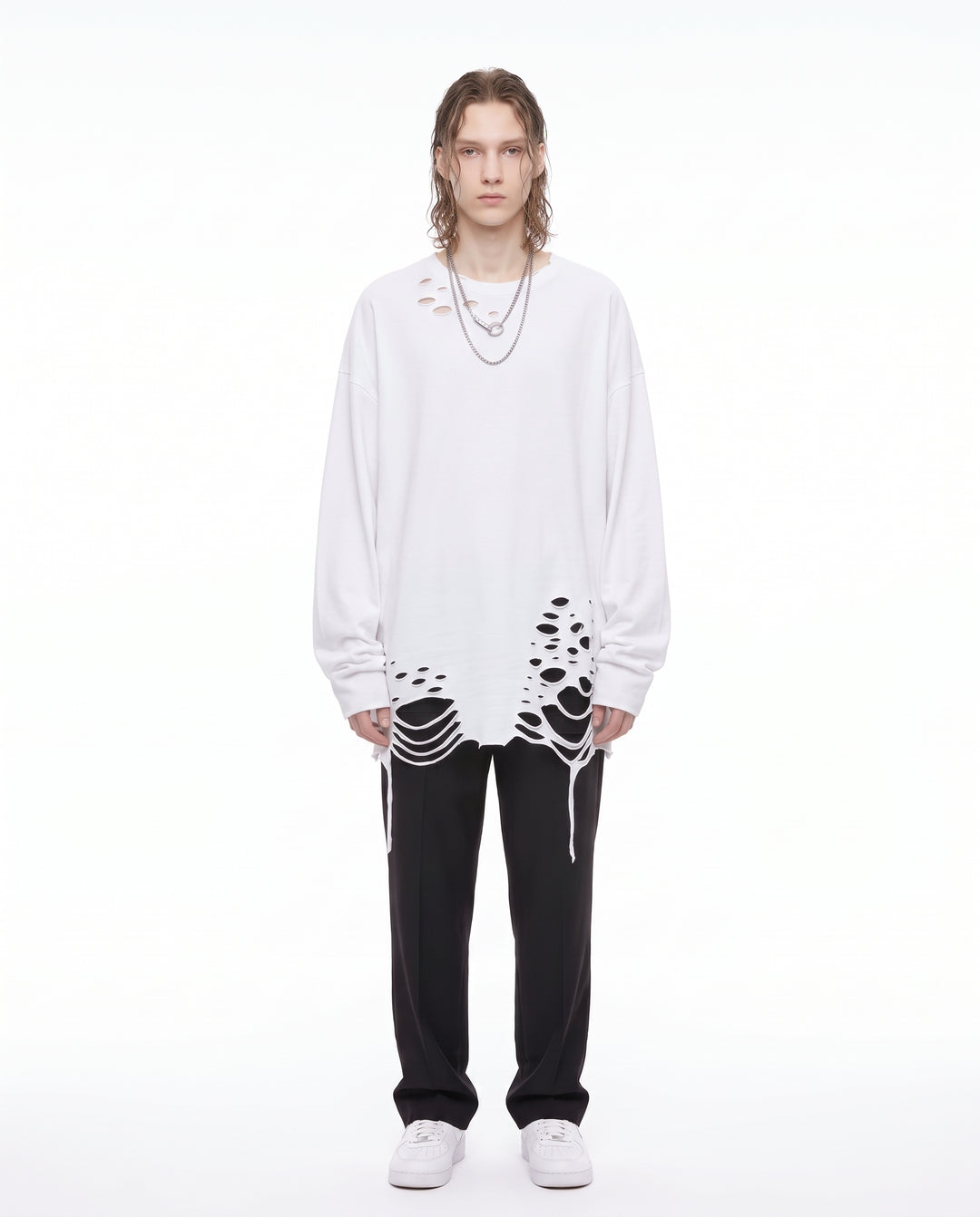 Distressed Longsleeve Shirt na3156 - white full