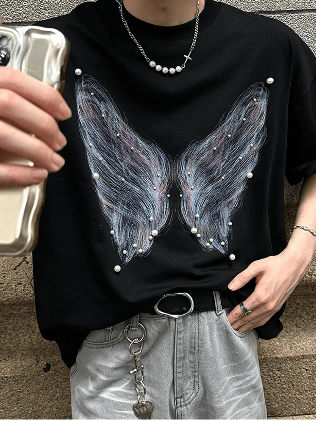 【JH HOMME】pearl butterfly print T-shirt na1254