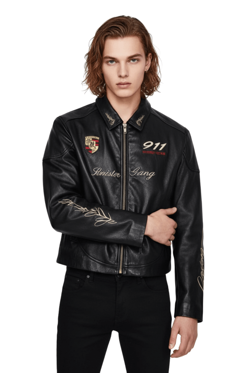 Cropped Racing Emblem Leather Jacket  na2389