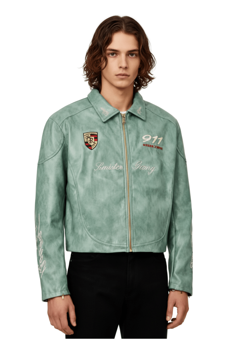 Cropped Racing Emblem Leather Jacket  na2389