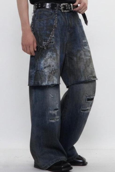 Distressed Layered Jeans  na2595