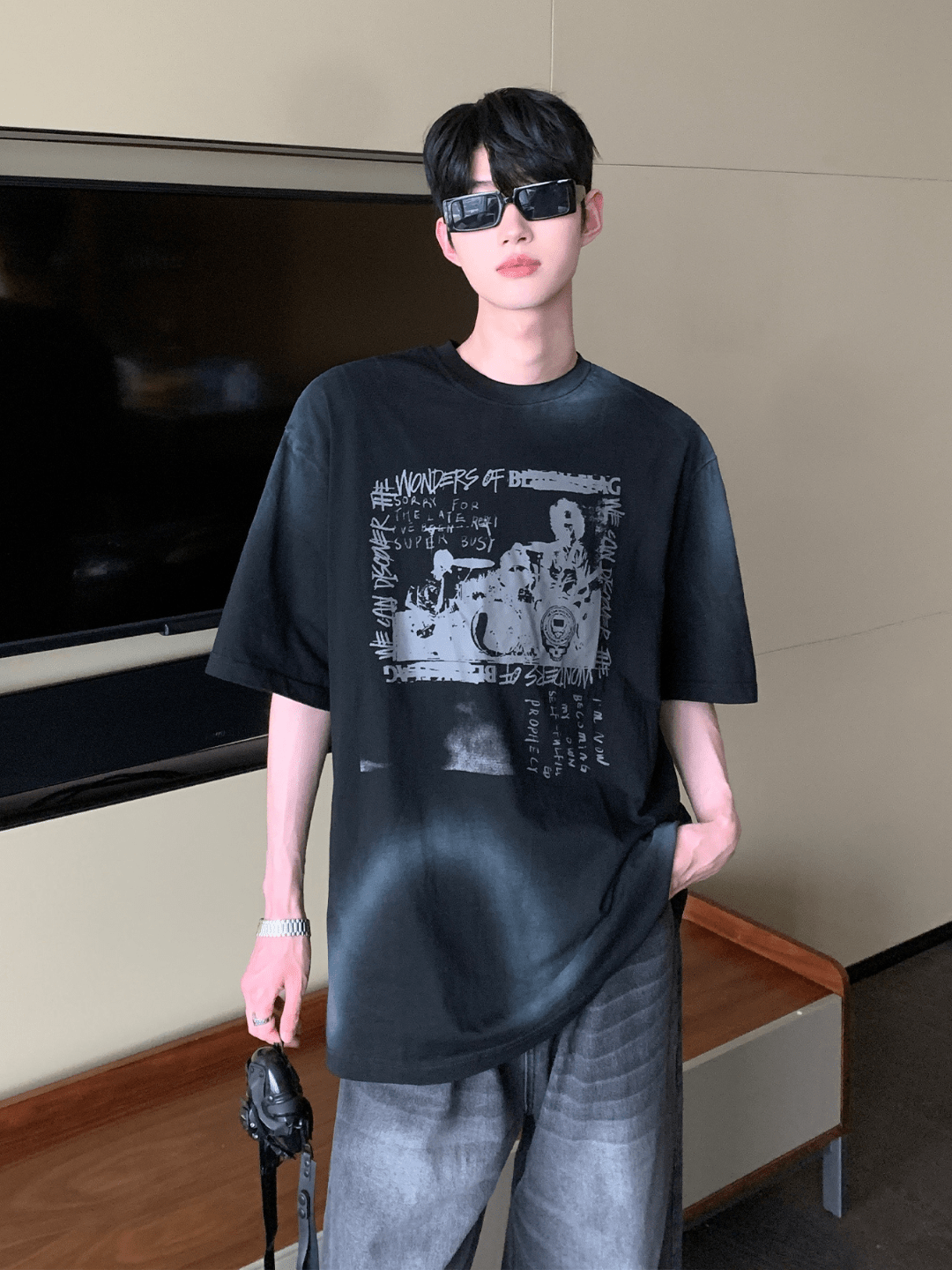 [CUIBUJU] Washed Band Printed T-Shirt na1199