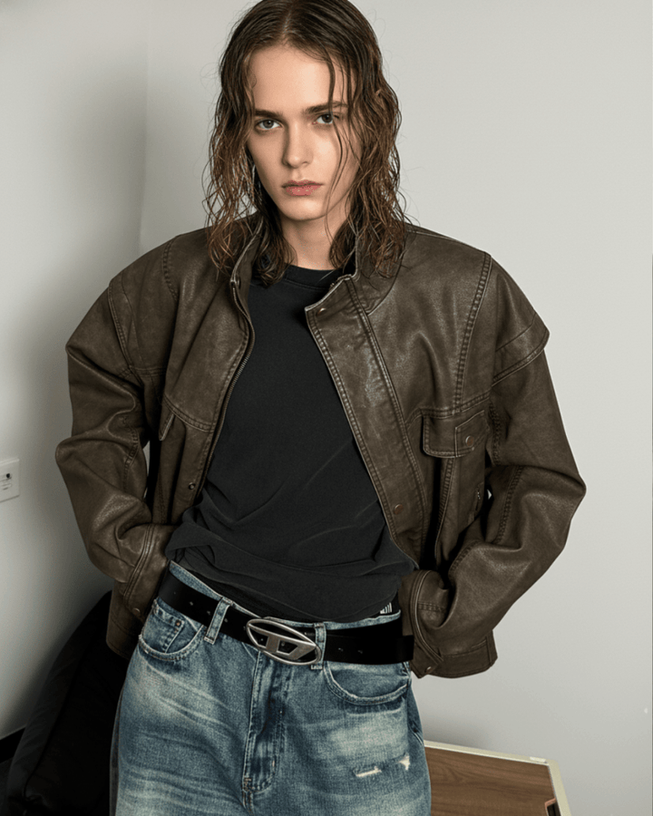 Vintage Brown Leather Truck Jacket  na2264