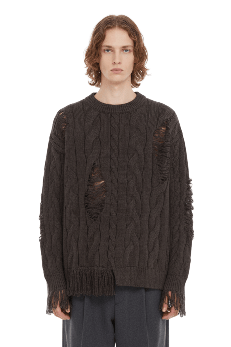 Frayed Hem Cable Knit Sweater na2418