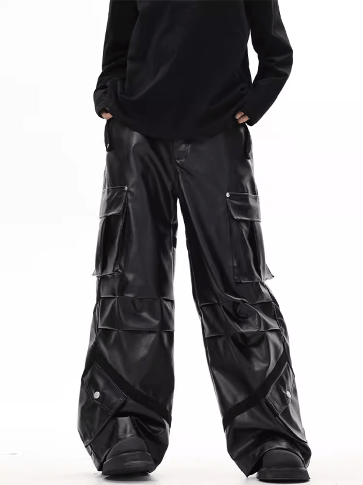 [Black to vibe] functional wide-legged pu leather pants na1001