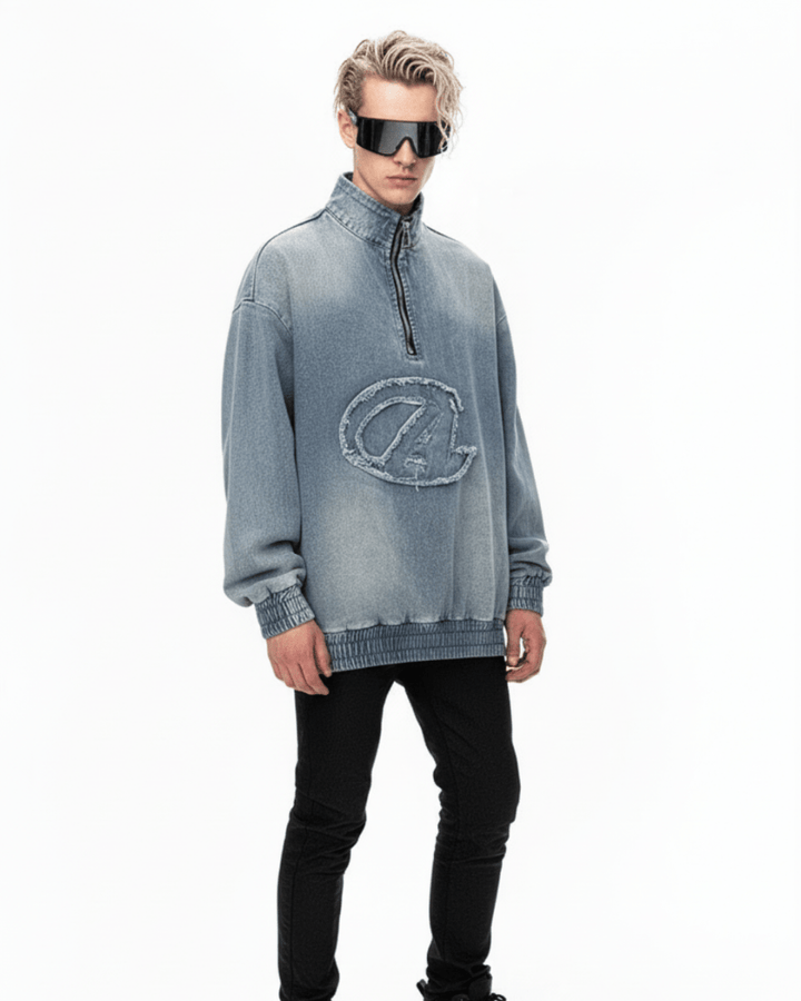 Nanostudio Frayed Edge Denim Half-Zip Pullover (na2210)