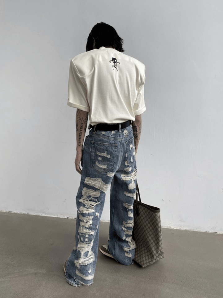 [GENESISBOY] double-layer multiple holes drape jeans na978