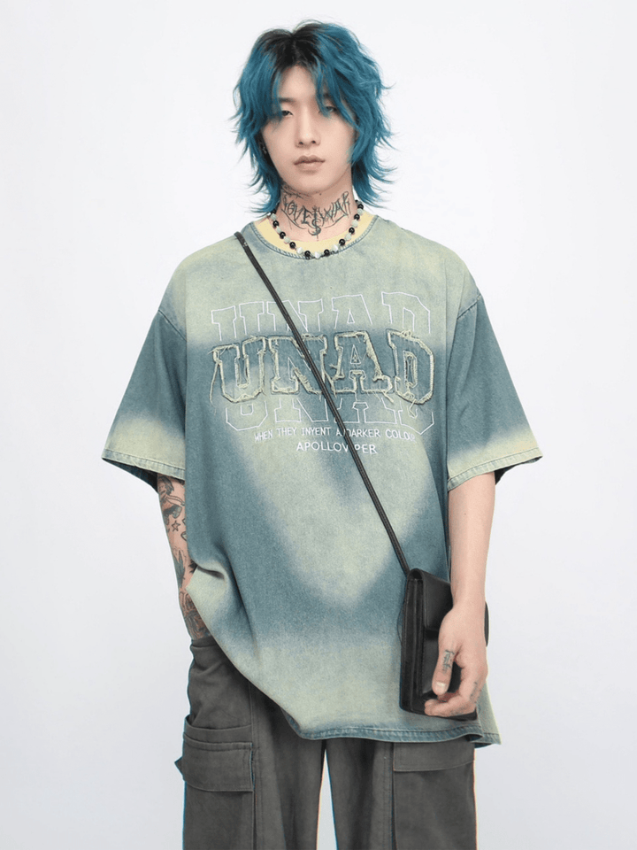 【Mz】Retro Tie-Dye Vintage Patch Embroidery T-Shirt na1175