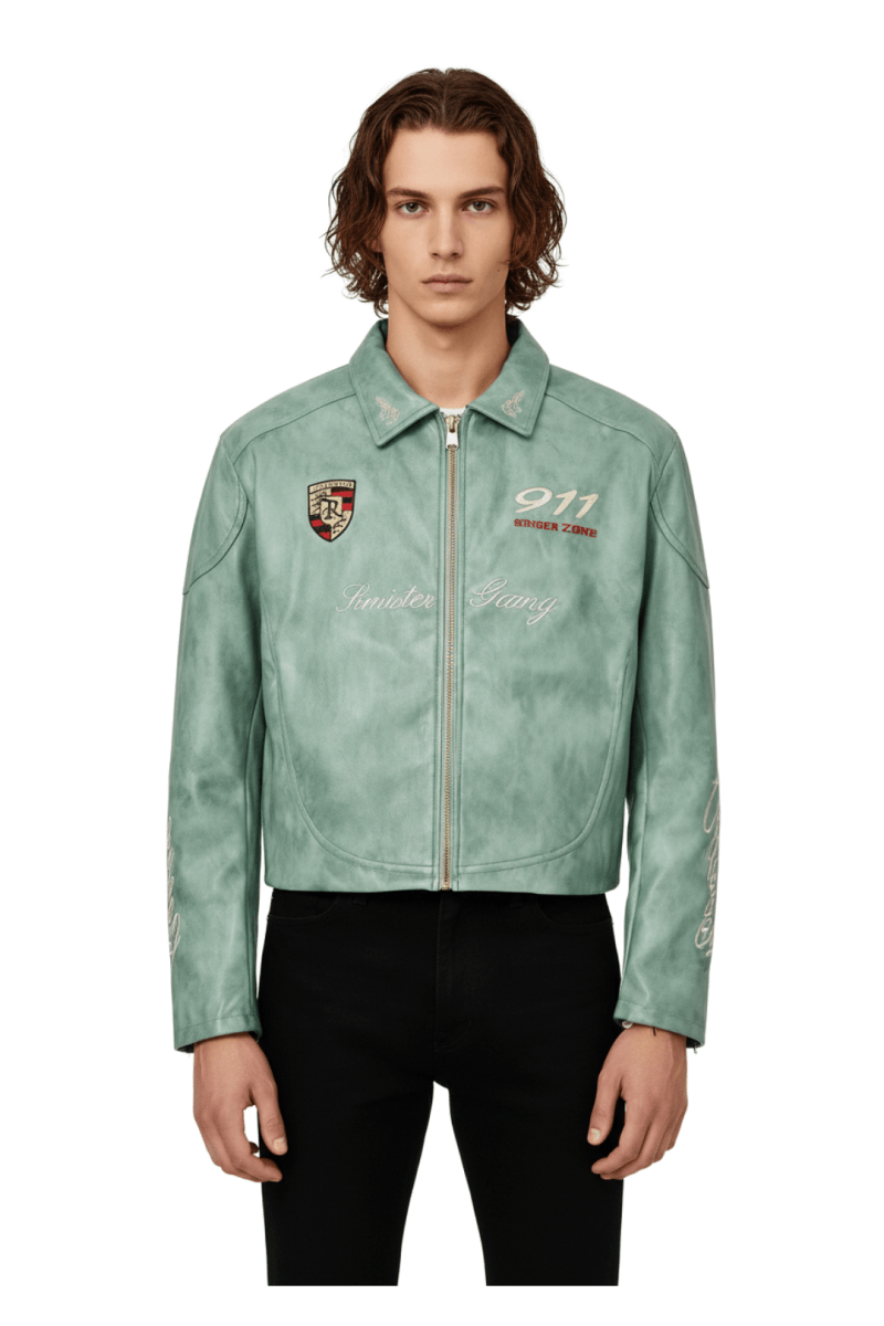 Cropped Racing Emblem Leather Jacket  na2389