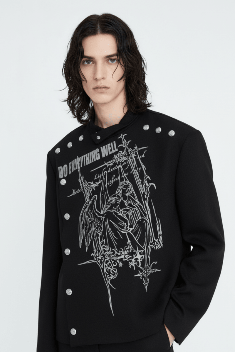 Edgy graphic print studded outerwear na2470