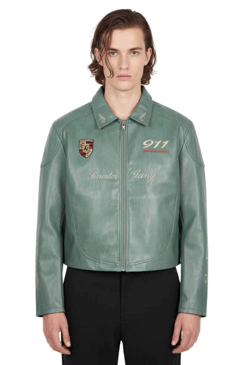 Cropped Racing Emblem Leather Jacket na2389