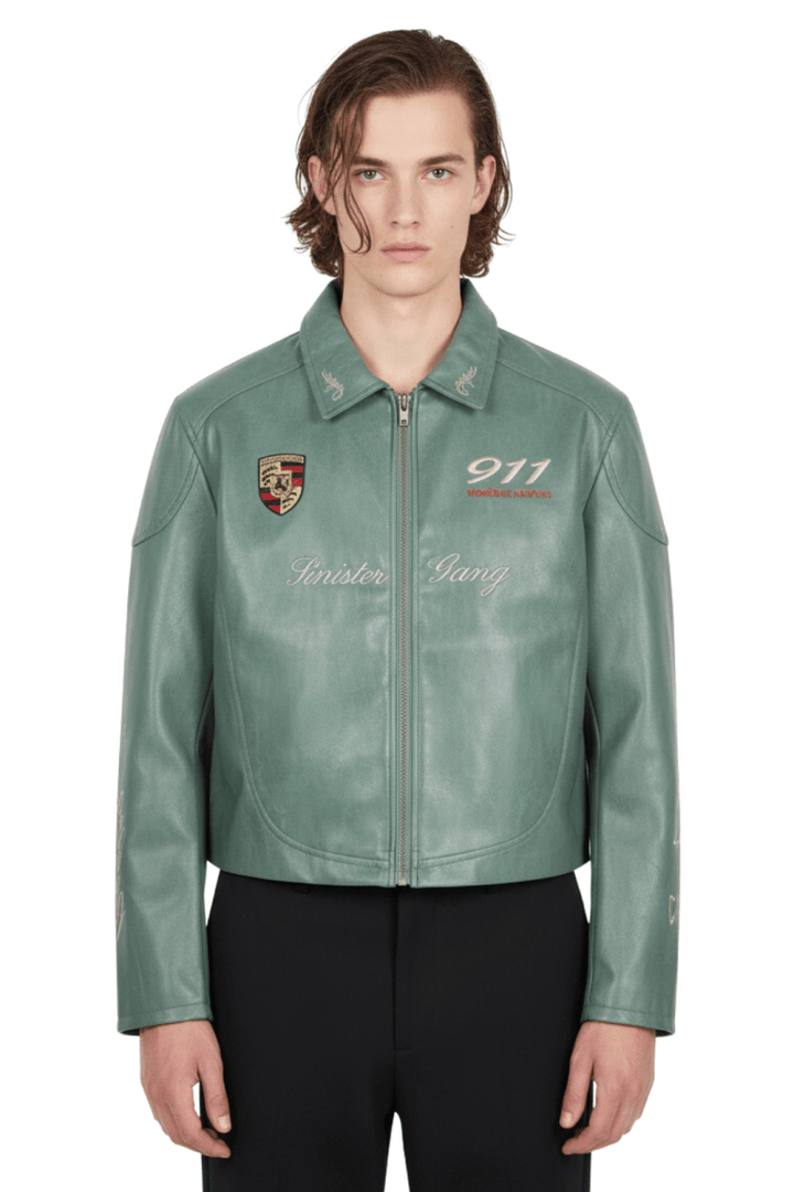 Cropped Racing Emblem Leather Jacket na2389
